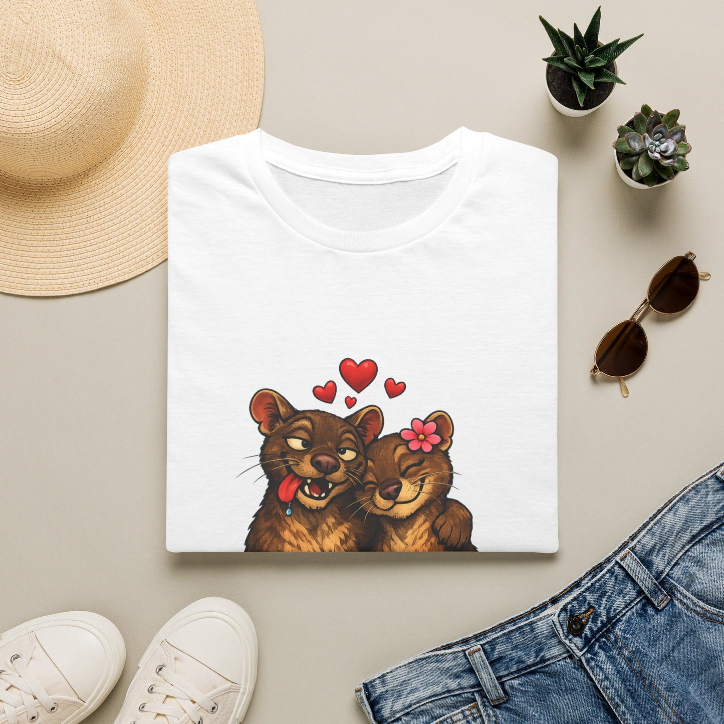 Couple of Fossas T-Shirt — Cute Fossa Couple with Hearts & Flower