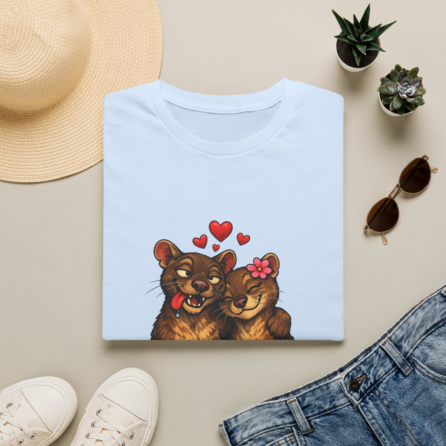 Couple of Fossas T-Shirt — Cute Fossa Couple with Hearts & Flower