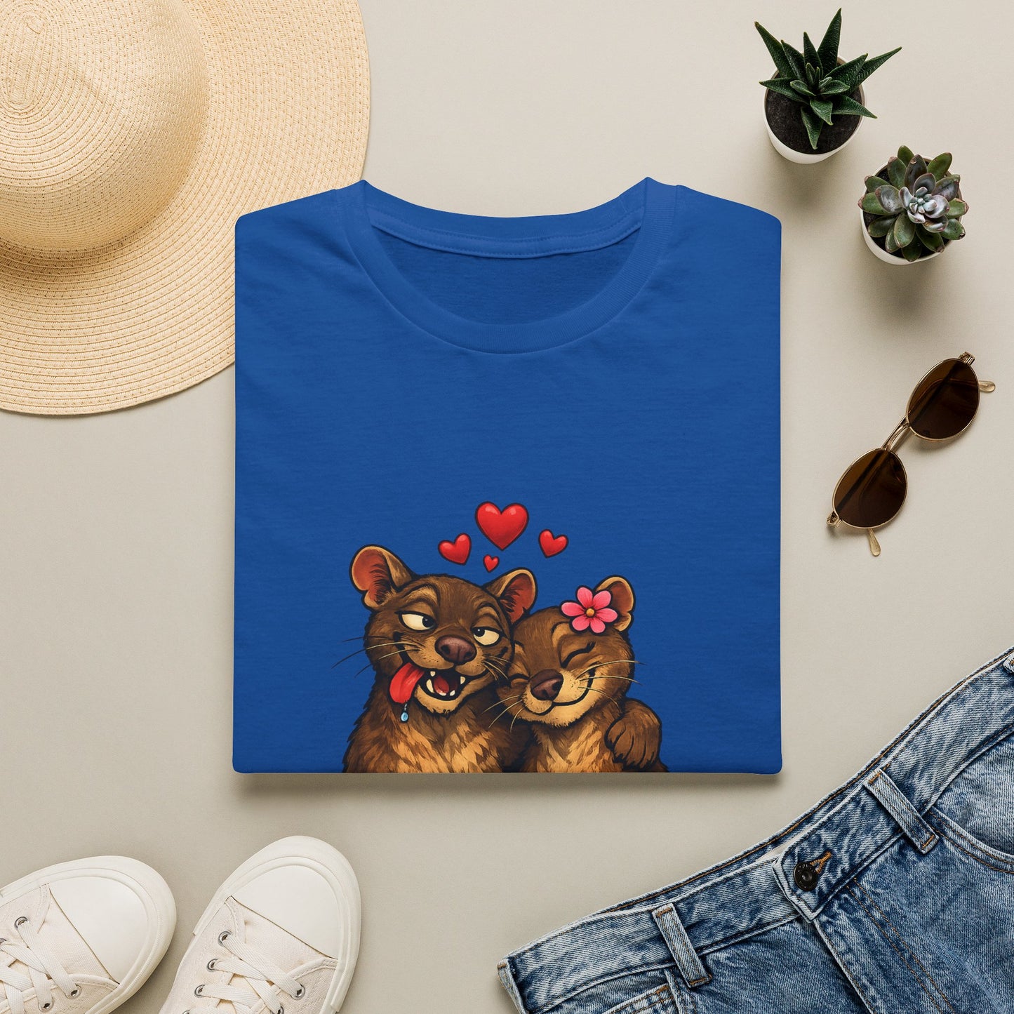 Couple of Fossas T-Shirt — Cute Fossa Couple with Hearts & Flower