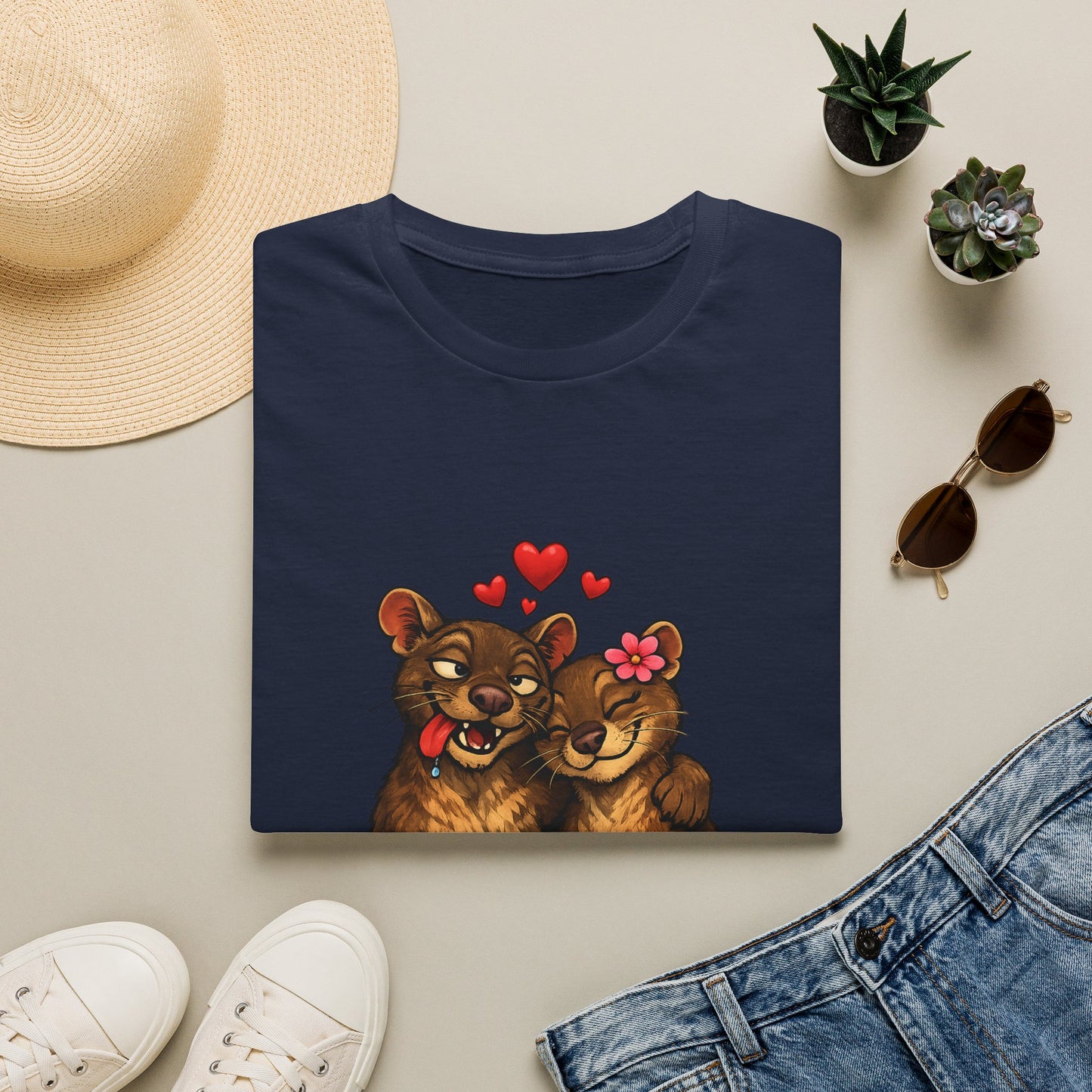 Couple of Fossas T-Shirt — Cute Fossa Couple with Hearts & Flower
