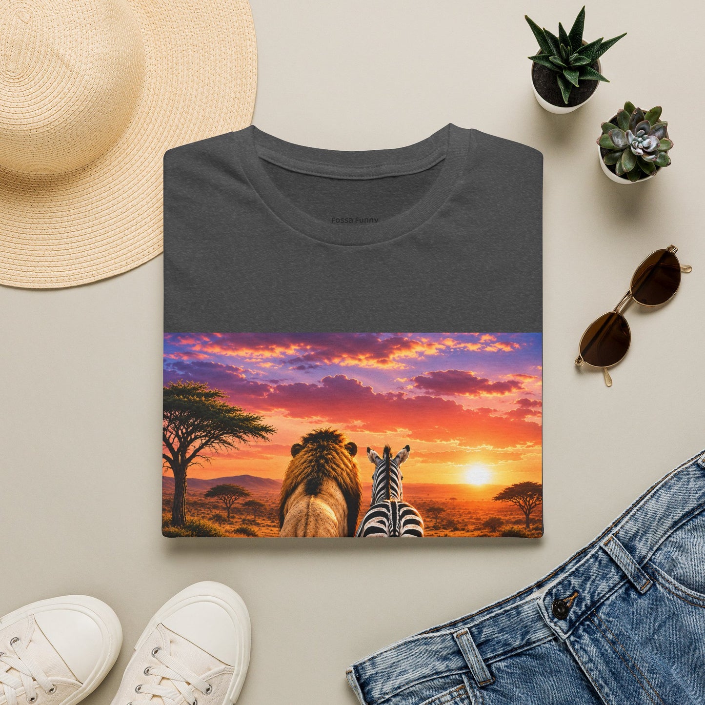 Lion and Zebra Sunset T-Shirt — African Safari Wildlife Graphic Tee