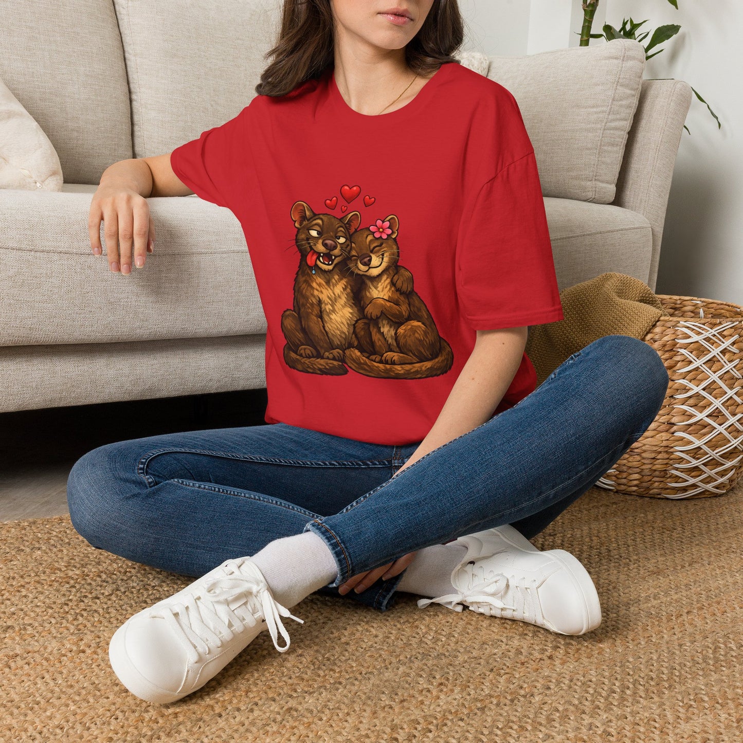 Couple of Fossas T-Shirt — Cute Fossa Couple with Hearts & Flower