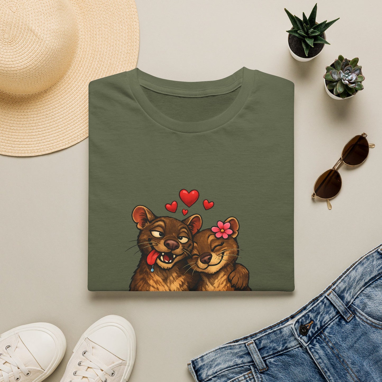 Couple of Fossas T-Shirt — Cute Fossa Couple with Hearts & Flower