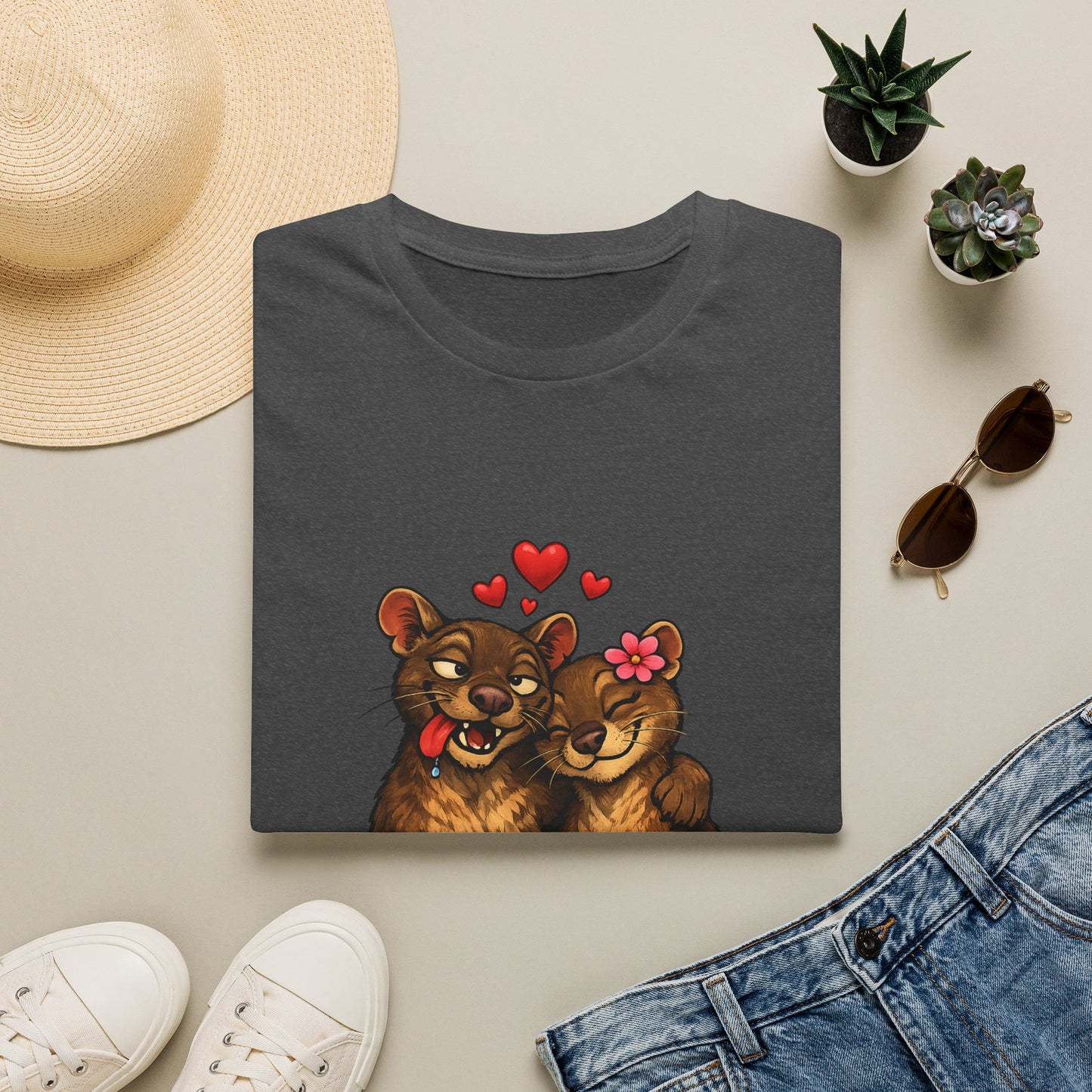 Couple of Fossas T-Shirt — Cute Fossa Couple with Hearts & Flower