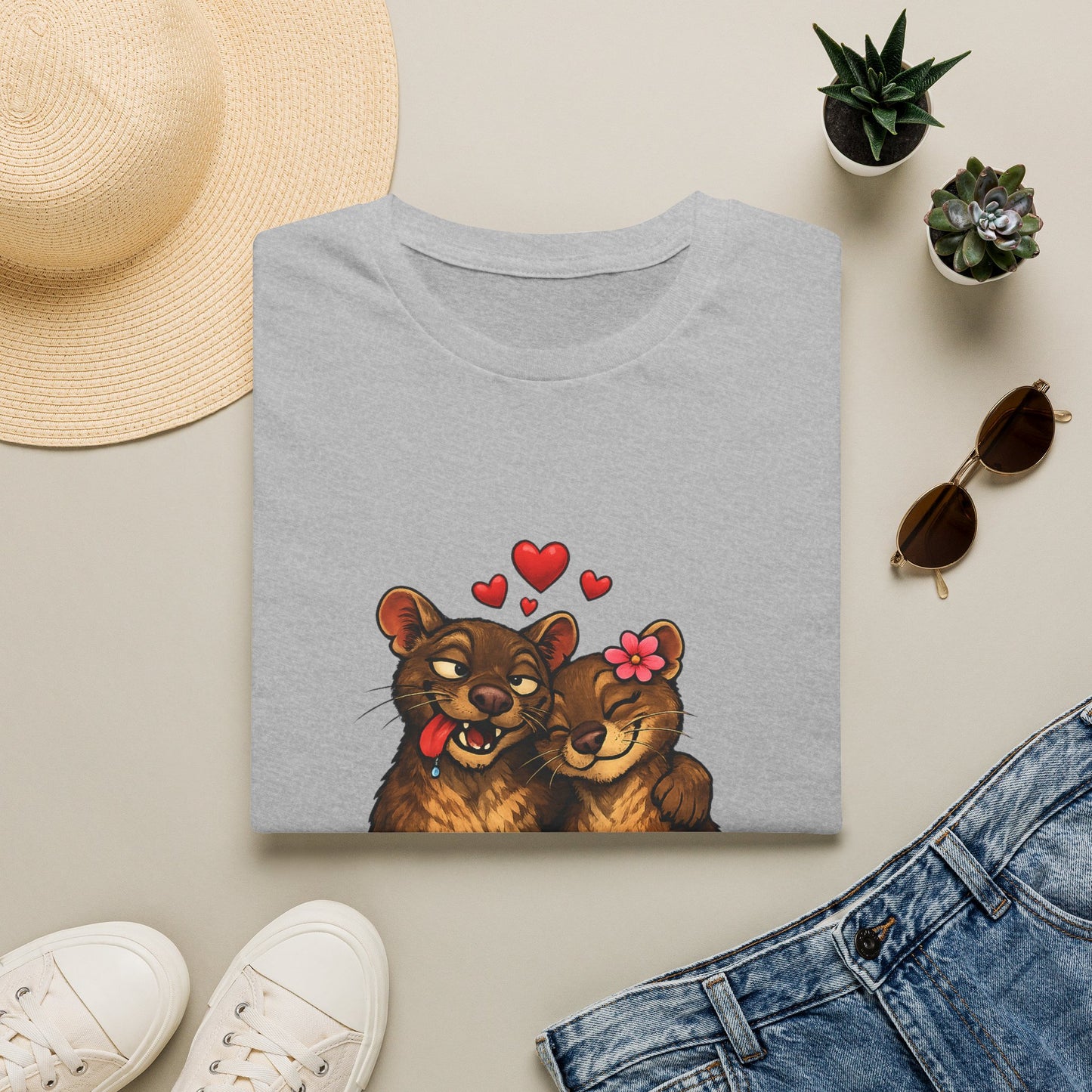 Couple of Fossas T-Shirt — Cute Fossa Couple with Hearts & Flower