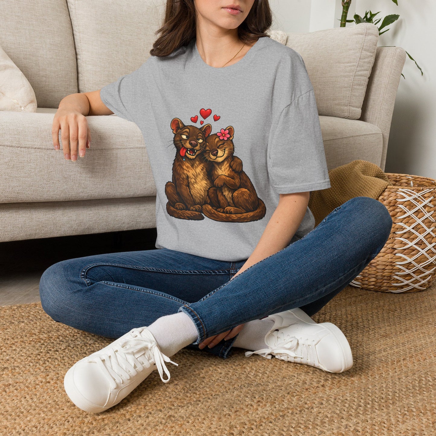 Couple of Fossas T-Shirt — Cute Fossa Couple with Hearts & Flower
