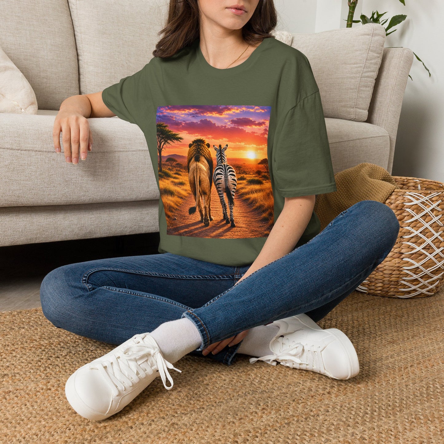 Lion and Zebra Sunset T-Shirt — African Safari Wildlife Graphic Tee