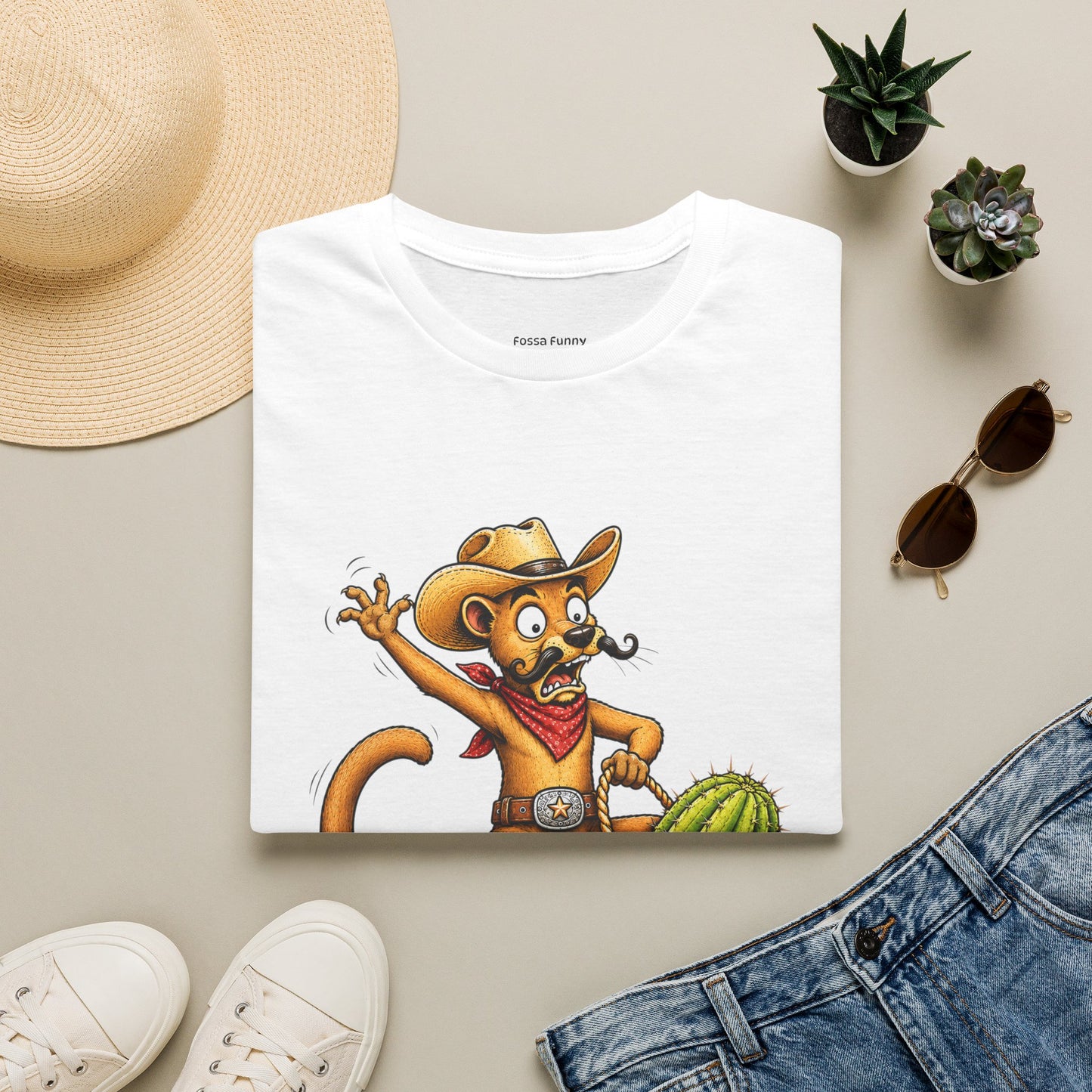 Fossa Cowboy T-Shirt — Funny Western Fossa Riding Cactus Tee