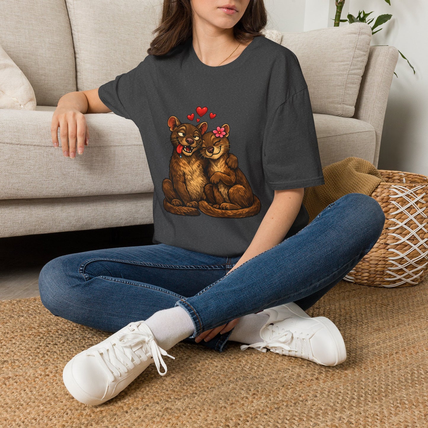 Couple of Fossas T-Shirt — Cute Fossa Couple with Hearts & Flower