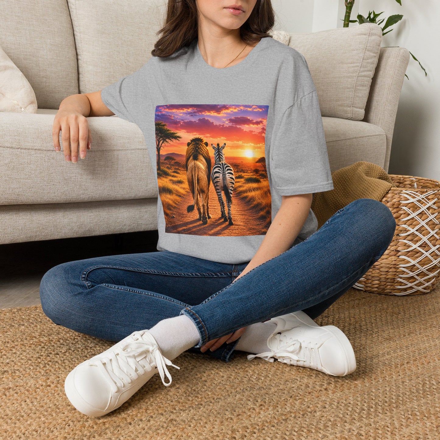 Lion and Zebra Sunset T-Shirt — African Safari Wildlife Graphic Tee
