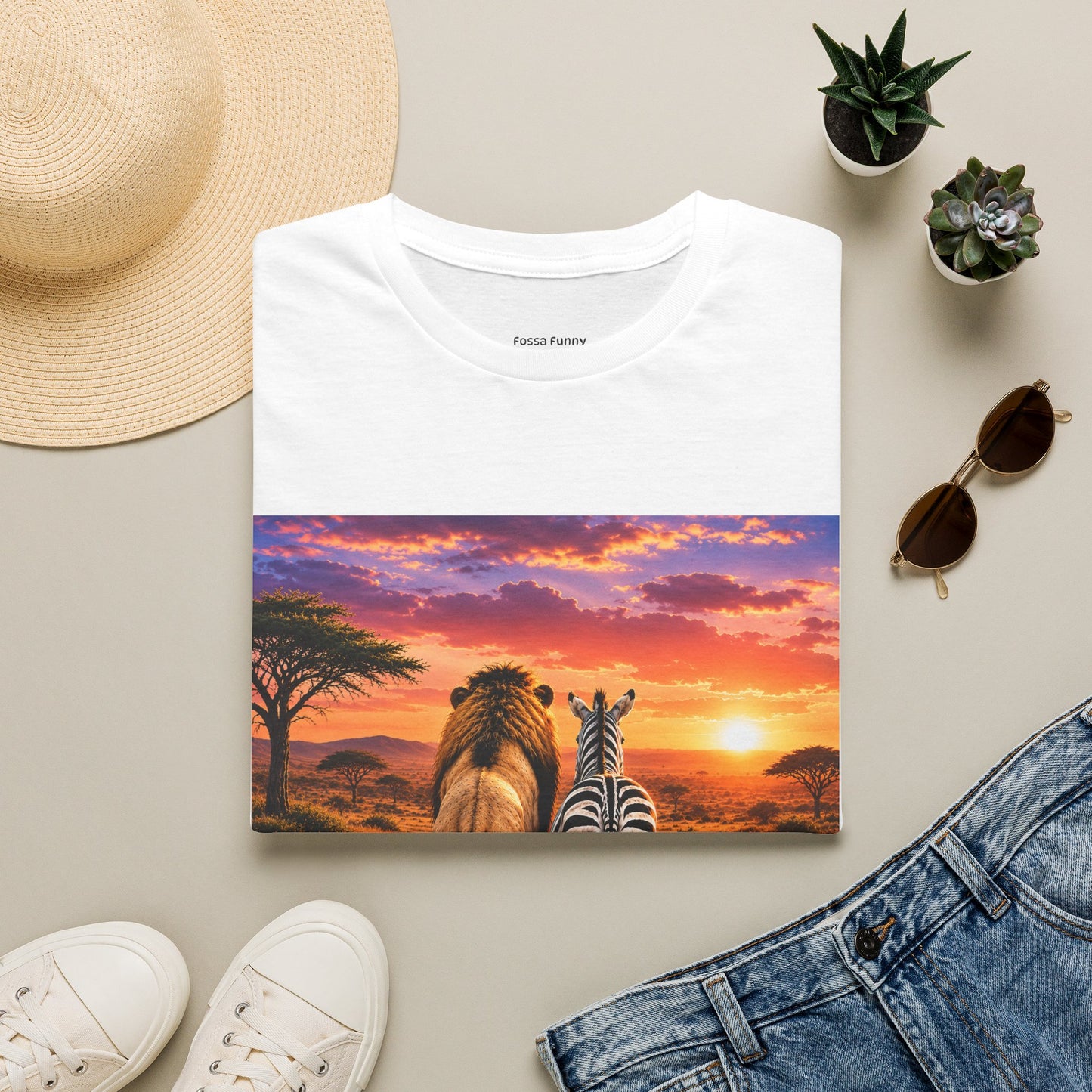 Lion and Zebra Sunset T-Shirt — African Safari Wildlife Graphic Tee
