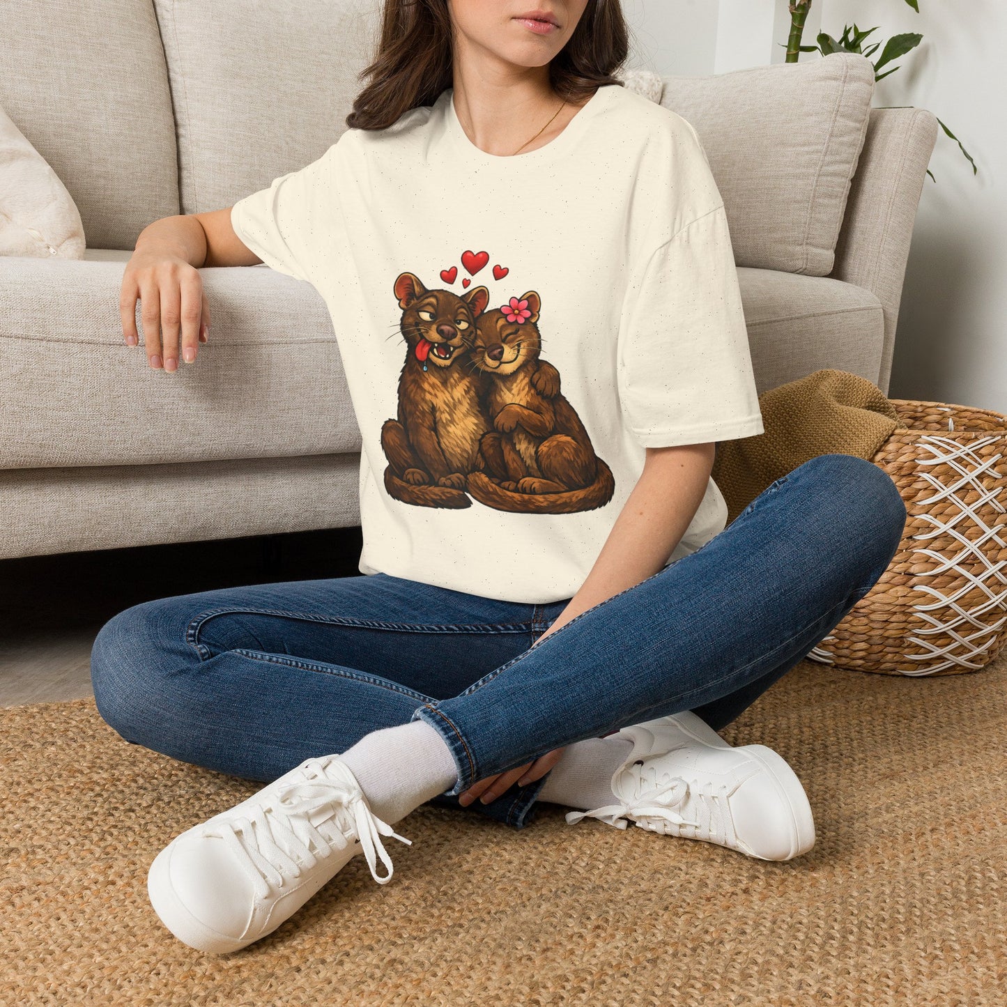 Couple of Fossas T-Shirt — Cute Fossa Couple with Hearts & Flower