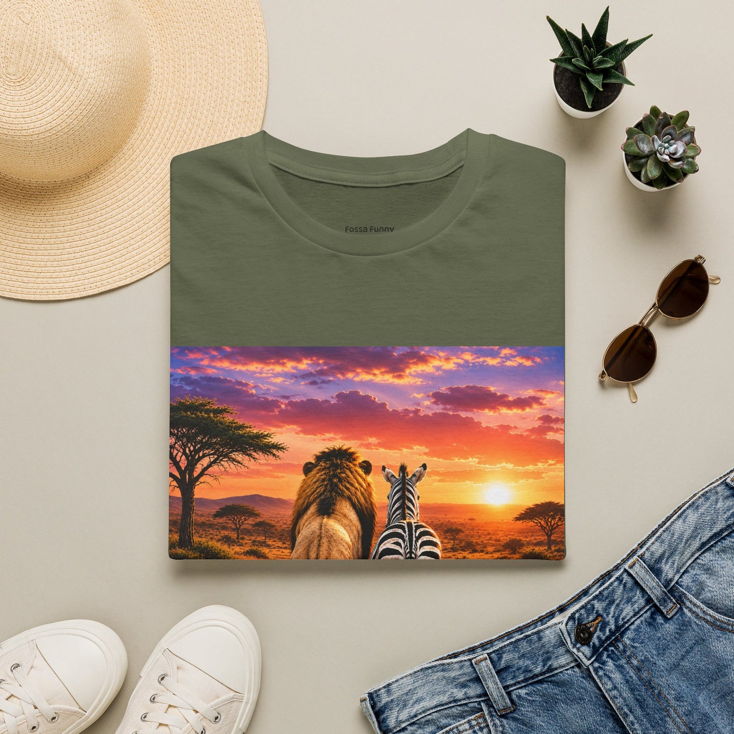 Lion and Zebra Sunset T-Shirt — African Safari Wildlife Graphic Tee