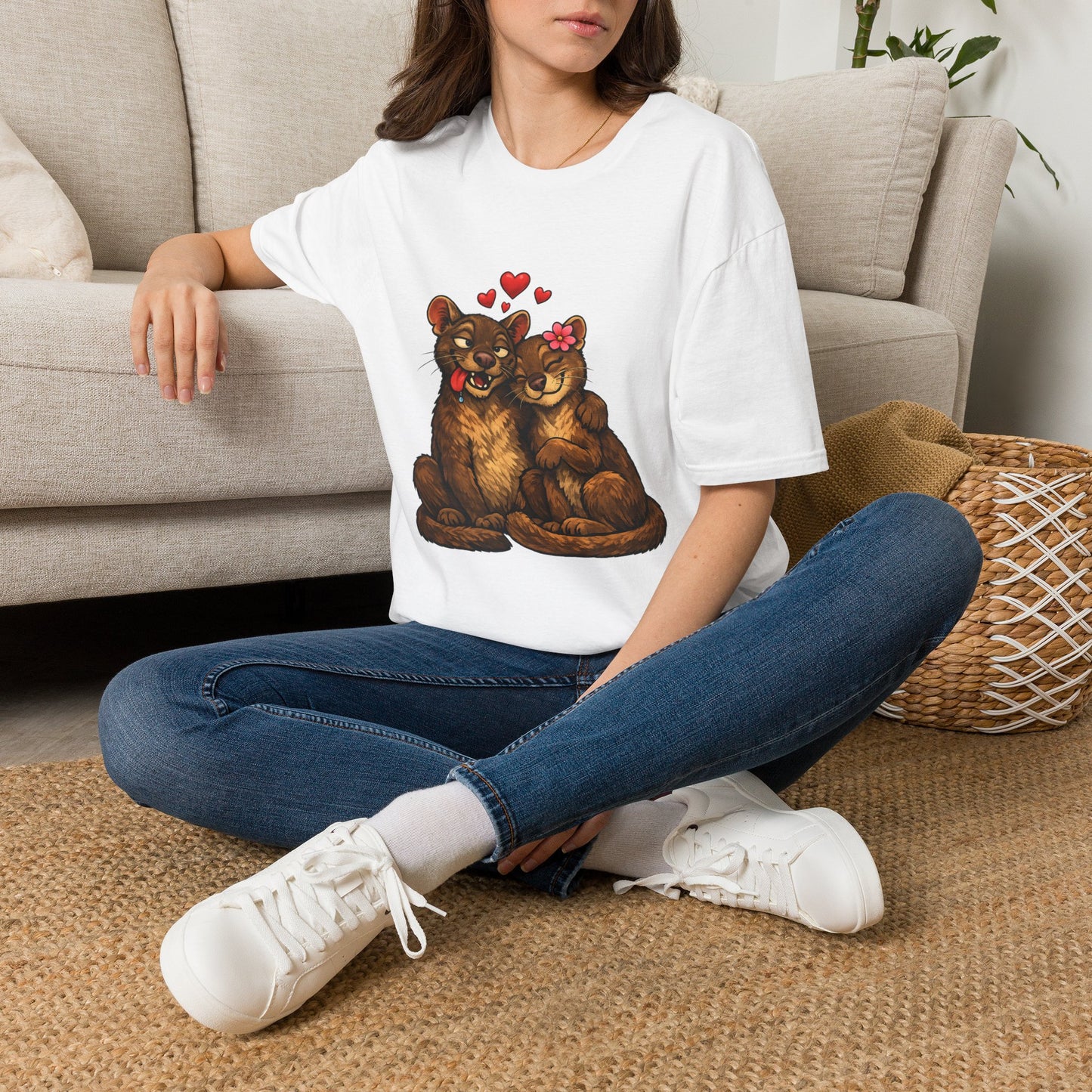 Couple of Fossas T-Shirt — Cute Fossa Couple with Hearts & Flower