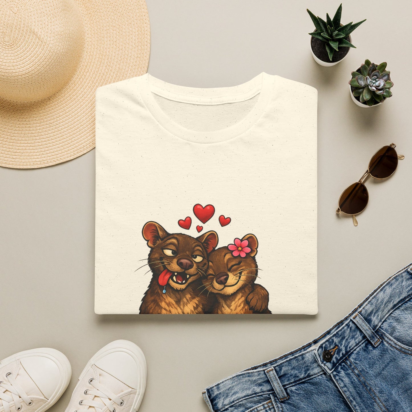 Couple of Fossas T-Shirt — Cute Fossa Couple with Hearts & Flower