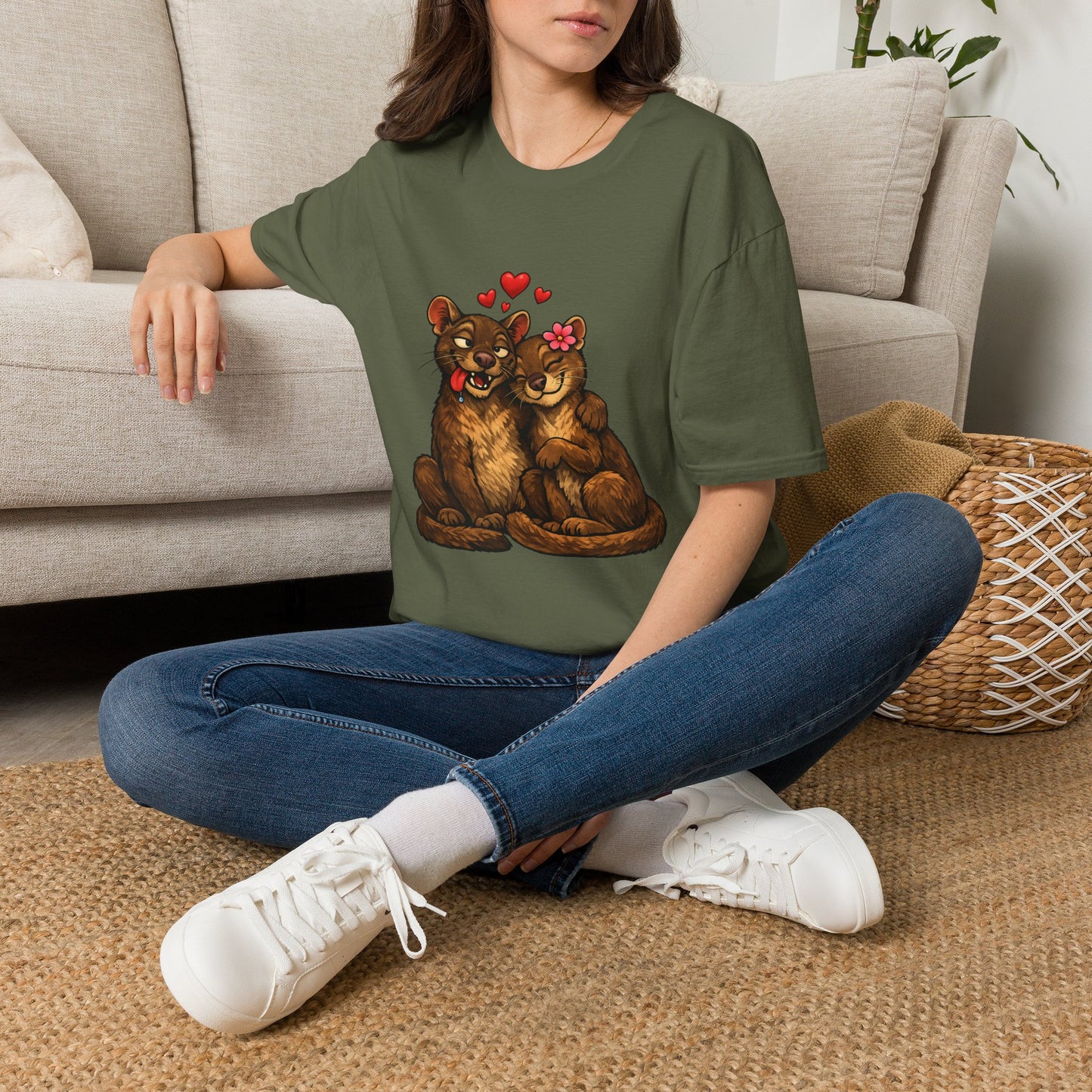 Couple of Fossas T-Shirt — Cute Fossa Couple with Hearts & Flower