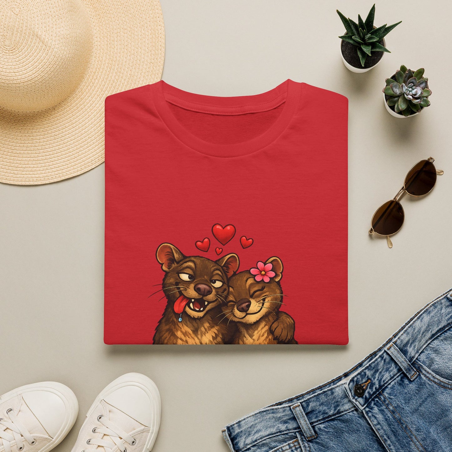Couple of Fossas T-Shirt — Cute Fossa Couple with Hearts & Flower