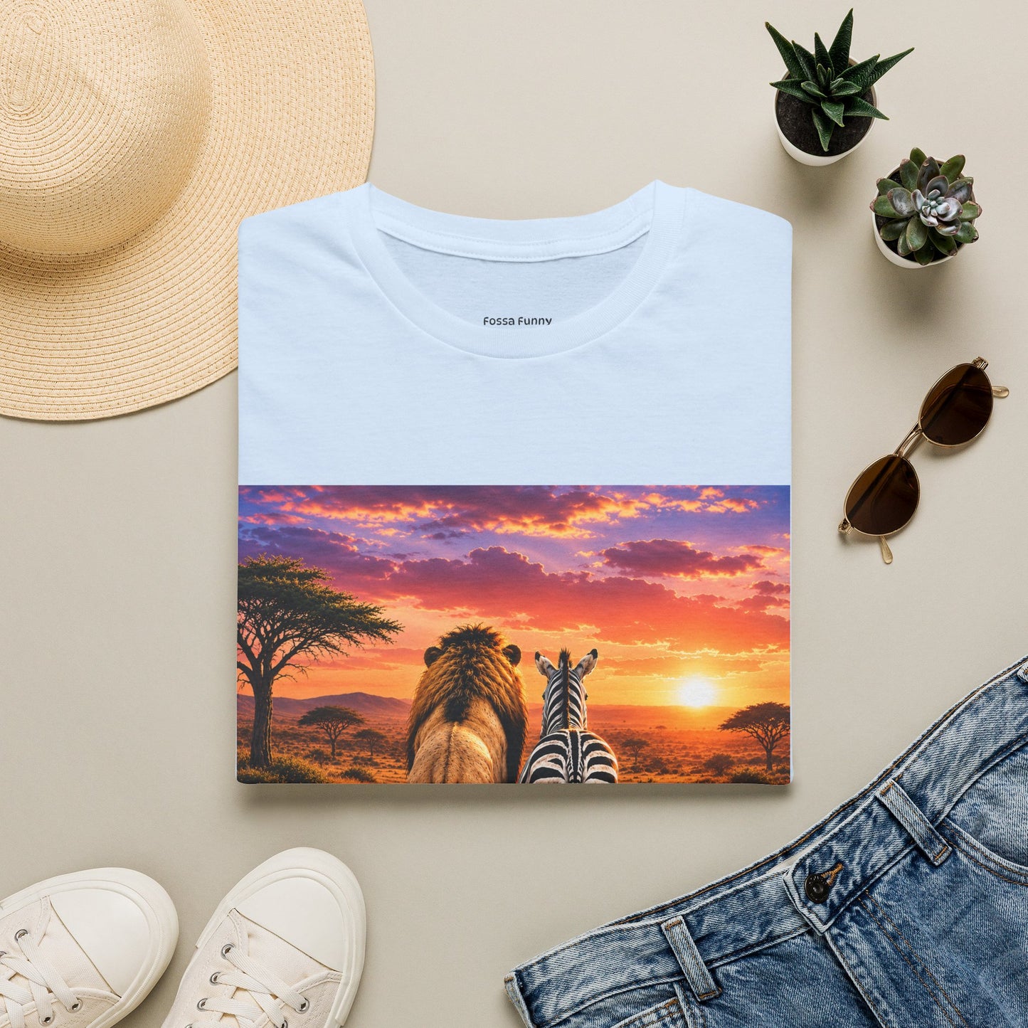 Lion and Zebra Sunset T-Shirt — African Safari Wildlife Graphic Tee