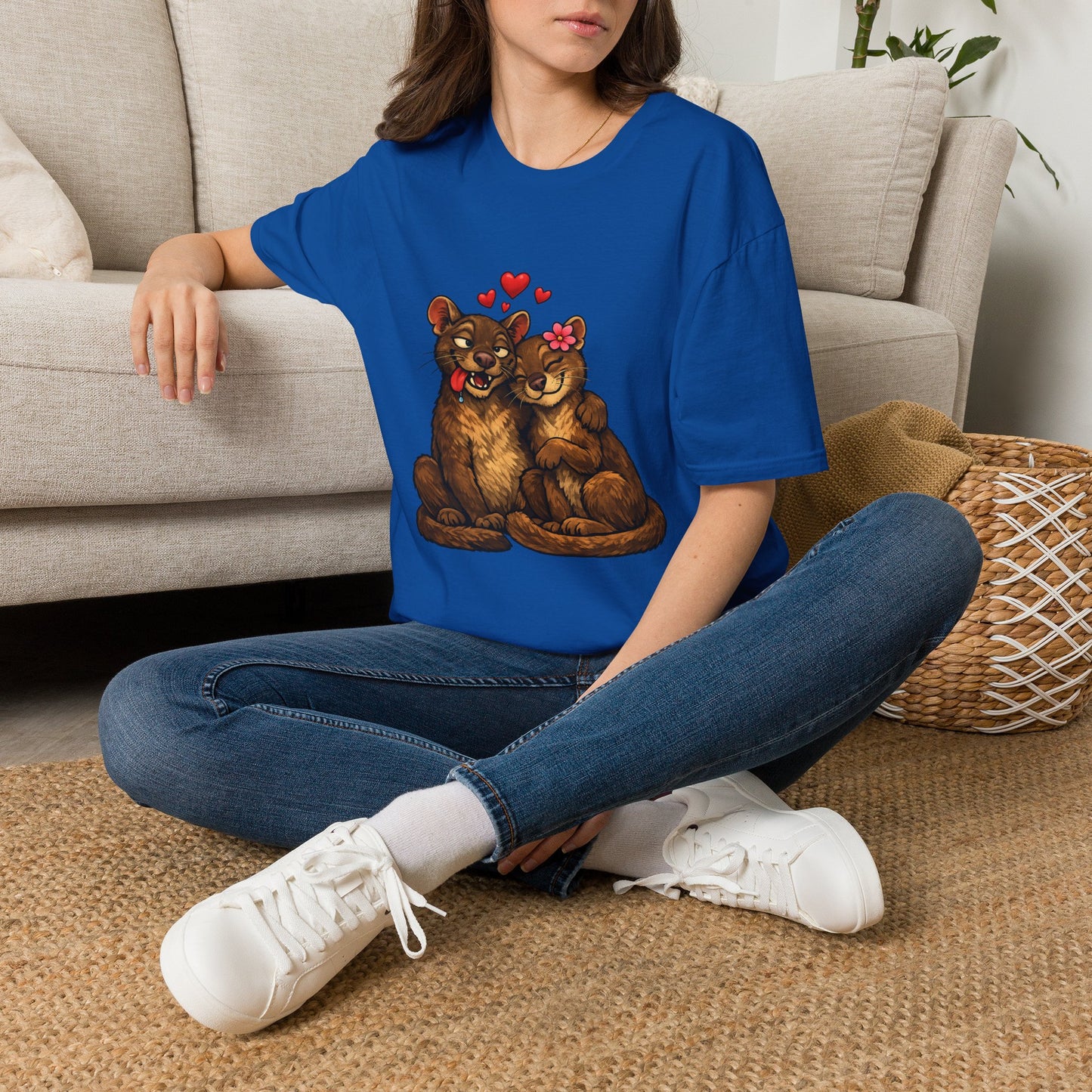 Couple of Fossas T-Shirt — Cute Fossa Couple with Hearts & Flower